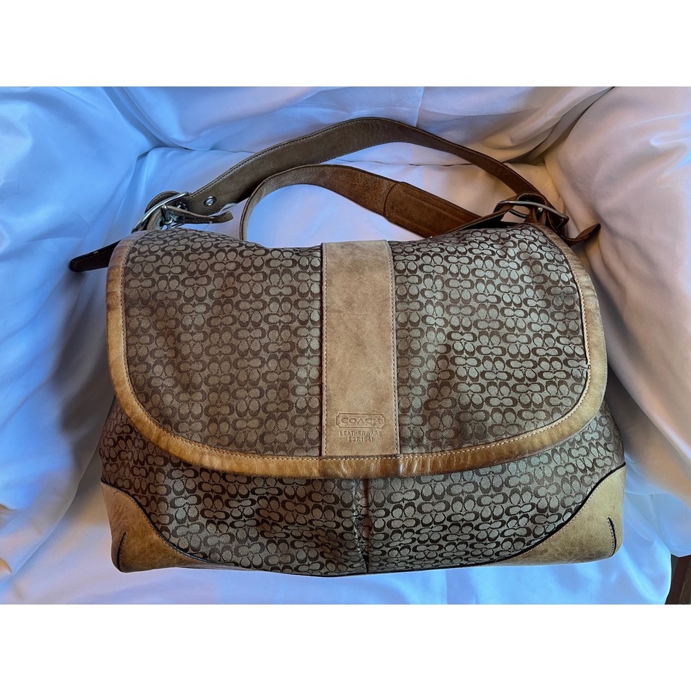 Vintage Coach Signature Jacquard Messenger Flap Crossbody Bag Early 2000 Brown